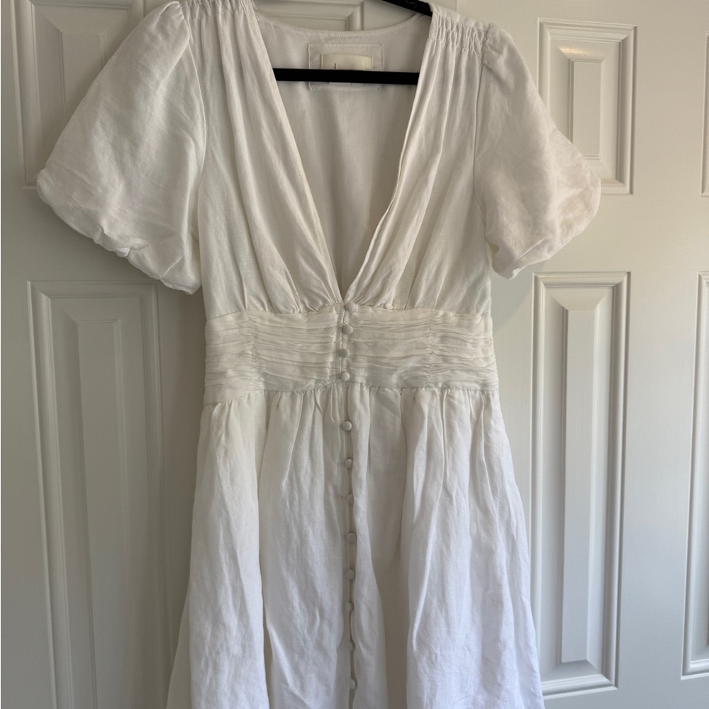 Anthropologie White Pleated Puff Sleeve Mini Dress